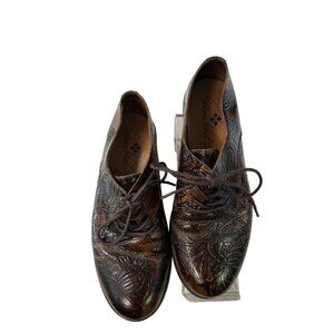 Patricia Nash Embossed Leather Lace-Up Mules in Brown with Iridescent Sheen